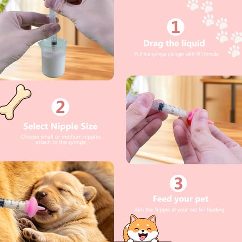 Puppies Nursing Bottle, Kitten Feeding Bottle with Feeding Nipple and Syringe,Ventilation Valve Resistant Tearing for Small Animal, Kittens, Rabbit, Hamster (Pink) - color: Pink, size: Model 3