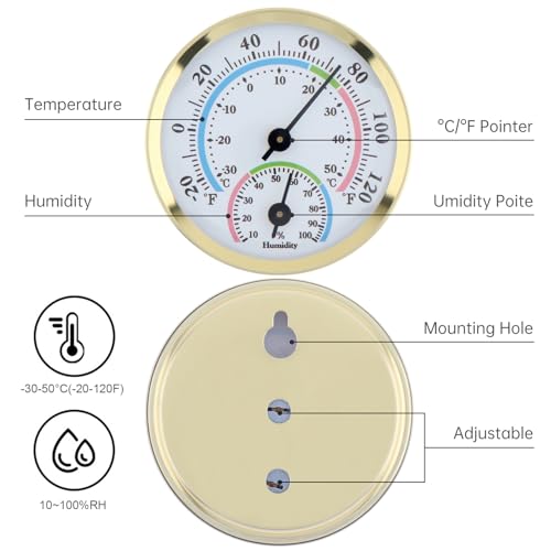 Mini Indoor Thermometer Hygrometer Analog 2 in 1 Temperature Humidity Monitor Gauge for Home, Wall, Room, Outdoor, Offices, Display Mechanical (Gold) - color: Gold