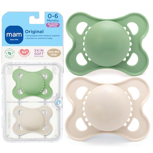 MAM Original Baby Pacifier 0-6 Mths, Skin Soft Silicone Nipple, 2 Pack - color: Peppermint Green/Cotton 1, size: 2 Count (Pack of 1)