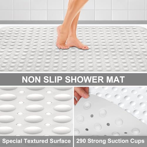 Shower Mat Non Slip, 36" x 24" Large Shower Floor Mat with Drain Holes and Suction Cups, Soft TPE Anti Slip Shower Stall Mats for Inside Shower, Machine Washable, White - color: White