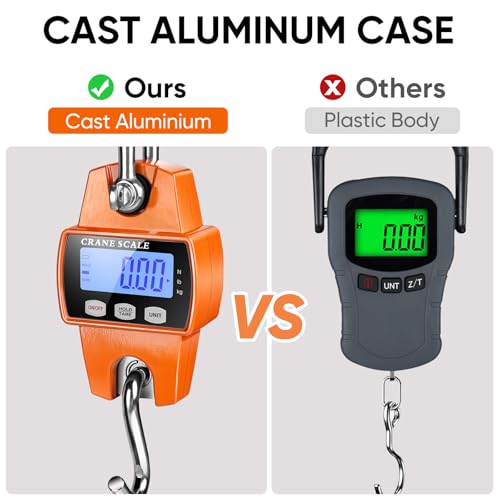 RoMech 660lb Digital Hanging Scale with Cast Aluminum Case, Handheld 300Kg Mini Crane Scale with Hooks for Farm Hunting Fishing Outdoor (Orange) | 300KG Heavy Capacity, High Accuracy Weighing, kg/lb/N Unit Conversion, Suitable for Fishing, Farm, Hunting -