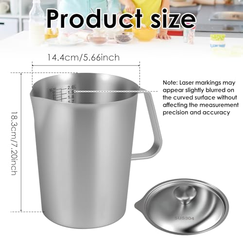 1 Pcs 2L/70 oz Large Stainless Steel Pitcher with Lid, Metal Measuring Cup with Handle & Scales, Wide Mouth Graduated Beakers, Milk Frothing Jug Metal Pitcher for Coffee Latte Art, Hot/Cold Water