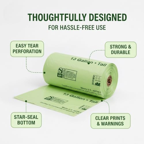 OrangeBio 13 Gallon Compostable Trash Bags, 50 Count, BPI Home Certified | 0.9 Mil Tall Kitchen Garbage Bags for Food Waste & Home Composting, Plant-Based, 24" x 31.5" - size: 50 Count (Pack of 1)