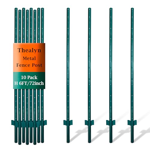 6ft Fence Posts, Pack of 10 - Sturdy Metal U-Posts & Step-in Stakes | No Digging Poles for Garden Wire Fencing and Yard Signs (Fits 5-ft Fence Mesh) - size: 6 Feet