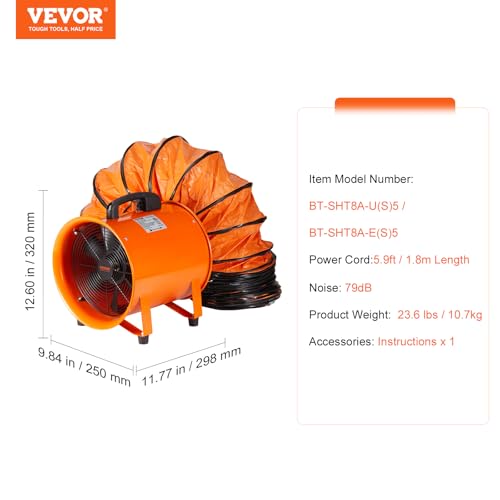 VEVOR Air Mover Blower Fan 8 Inch, 1070CFM 195W with 16.4ft Flexible Duct, Industrial Portable Ventilator Blower/Exhaust - size: 8in-16ft