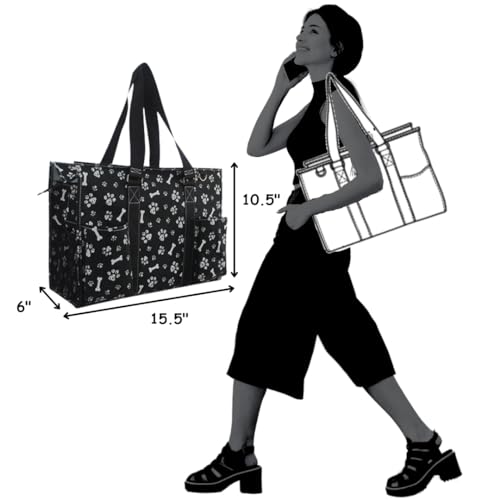 NGIL Utility Water Resistant Tote Bag | Work Tote for Women, Nurse Bag, Teacher's Choice Purse, Gym Bag, Everyday Organizer Top Zipper Closure - color: Printed Paws-black