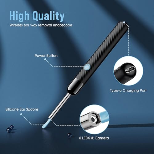 LEIPUT Ear Wax Removal - Earwax Remover Tool with 8 Pcs Ear Set - Ear Canal Cleaner with 1080P Camera - FSA HSA Eligible - Ear Cleaning Kit with 6 Ear Spoon - Ear Camera for iOS & Android (Black) - color: Black
