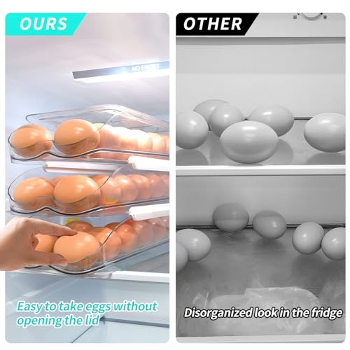 RoskDeewat Egg Holder for Fridge, Automatic Rolling Egg Container for Refrigerator, Stackable Fridge Organizers and Storage with Lid, Clear Plastic Egg Dispenser & Tray (2 Tier) (Pack of 2) - size: 2 Tiers Holder 28 Eggs (Pack of 2)