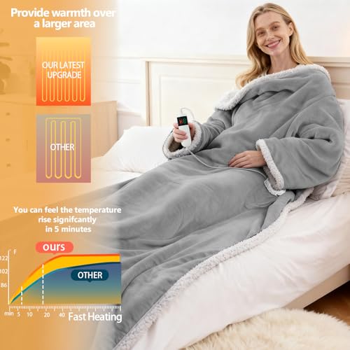 Wearable Heated Blanket With Sleeves & Foot Pocket, Heated Throw Blankets Fast Heating Blanket With 10 Heat Settings Auto Shut Off Over-Heat Protection-Warm Gift, Machine Washable, 52”*72”+18” - color: Light Gray