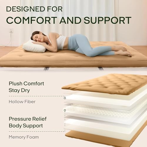 ZonLi Japanese Floor Futon Mattress 100% Cotton Washable Cover Foldable | 80" x 76" King Size 4" Thick Tatami Mat Sleeping Pad, Roll Up Floor Lounger Bed for Guest, Dormitory, Camping & Travel - color: Burro, size: King(80"L x 76"W x 4"Th)