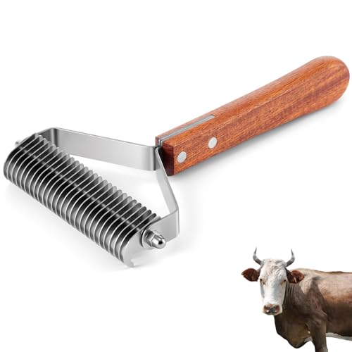 Abbylike Livestock Shedding Comb Grooming Dematting Brush Shedding Undercoat Rake for Cattle Horse Goat Cow Pets with 27 Stainless Steel Blades and Wood Handle - style: 1-sided