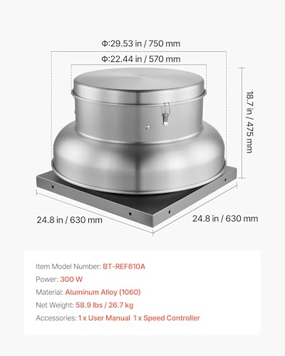 VEVOR Roof Exhaust Fan, 1500CFM & 2600CFM Adjustable Speed Control Attic Vent Fan with High-Power Motor, 24.8inch Fan Base Heavy-Duty Aluminum Alloy, Compact for Garage,Kitchen,Bathroom,Silver - size: 1500CFM & 2600CFM