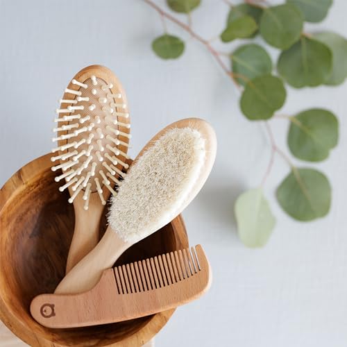 Wooden Hair Brush Set - Premium Baby Comb and Brush - Soft Natural Bristles - Organic Products - Perfect Registry Gift - Cradle Cap Brush for Newborns & Toddlers - color: 3 Pieces set - Oval