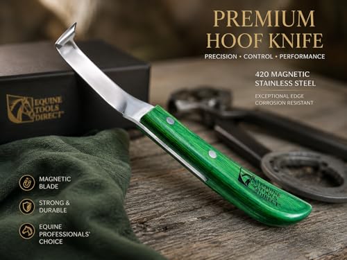 Right-Hand Straight Blade Hoof Knife with Rhino Hook, J2 420 Magnetic Stainless Steel, Ergonomic Green Handle, Farrier Horse Hoof Trimming Tool for Sole & Frog Paring