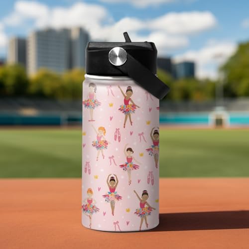SANDJEST Kids Water Bottle Ballet Water Bottles 12oz with Straw Insulated Stainless Steel Travel School Tumbler Double Wall Vacuum Cup for Girls Kid - color: Ballerina