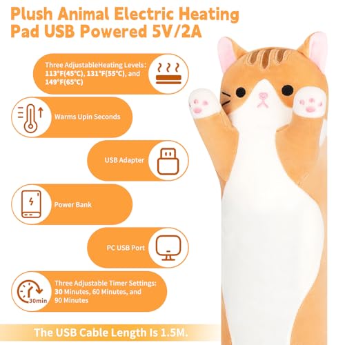 Orange Cat Plush USB Heating Pad for Period Cramps Menstrual | 22” Cat Heated Plush Stuffed Animal, Portable Indoor Outdoor Use, Electric Kitten Plush Heating Pad for Women Mom Girls Gifts - color: Orange Cat Heating Pads