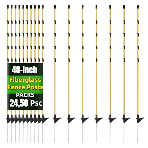 24Pcs 48in Fiberglass Step-in Electric Fence Posts | Clips height adjustable for poly tape/rope. No-tool step-in. Fiberglass core bends back