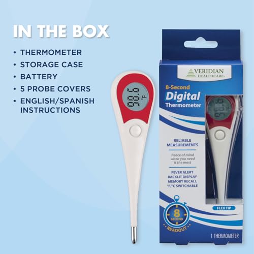 Veridian 08-362 8-Second Flex Tip Digital Thermometer | Oral, Rectal & Underarm Use, Fever Alert at 100.0°F, Memory Recall, Waterproof, Storage Case