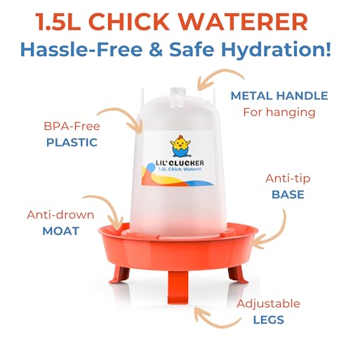 Lil'Clucker 1L Chick Feeder, 1.5L Chicken Waterer - No Leakage Chick Feeder and Waterer Kit, Hanging Baby Chick Waterer, Durable Chicken Water Feeder, Chicken Feeder and Waterer Set, Poultry Waterer - color: Orange