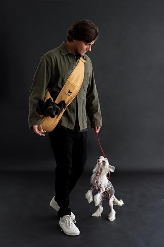 Noah & Paw Dog Sling Carrier for Small Dogs 5-18lb, Cat Carrier, Pet Sling with Adjustable Padded Strap, Vegan Leather Lined with Fur, 3X Safety Feature, Machine Washable - color: Beige, size: 18.0"L x 10.0"W x 5.5"H