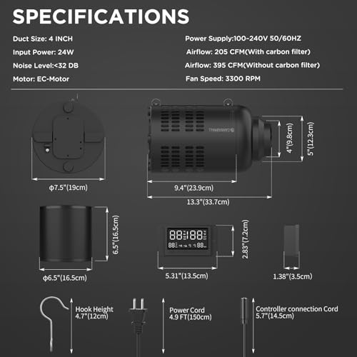 4 Inch Inline Duct Fan with EC Motor and Built-in Carbon Filter, Duct Fan Kit with Temperature Humidity Controller, Grow Tent Kits Ventilation System with Carbon Filter Combo