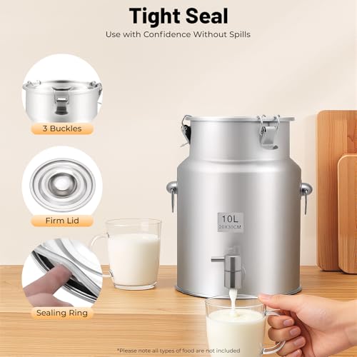 2.64 Gallon Milk Can - 304 Stainless Steel Milk Bucket with Sealed Lid, Milk Transport Barrel with Spigot for Liquid Storage, Ideal for Milk, Wine, and Beverages - size: 2.64 Gallon