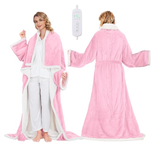 SIHOHAN Heated Throw Blanket with Foot Pockets for Women | Flannel & Sherpa, 8 Heat Levels & Timer, Portable for Home Office Travel, Machine Washable, Pink - size: 50*70 Pink