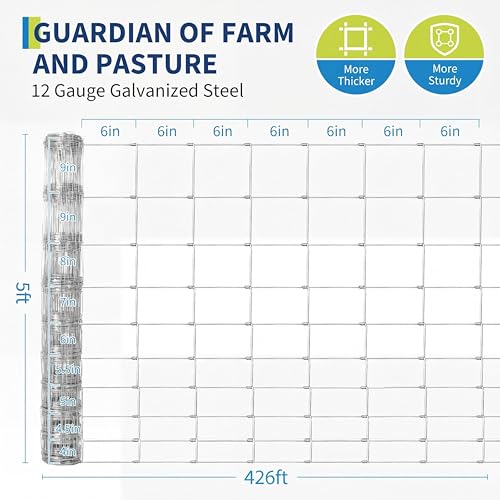 Garvee 5ft x 426ft Field Fence Heavy Duty Galvanized Farm Fence, Woven Wire Livestock Fencing for Cattle Horse Goat Deer, High Zinc Coated Ranch Fence Roll for Pasture Boundary Enclosure - size: 5ft x 426ft