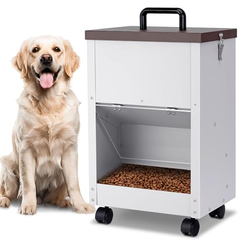 28Lbs Automatic Dog Feeder Large Breed, Easy to Move with Wheels | Outdoor Gravity Dog Feeder, Galvanized Metal Self Feeding Dog Food Dispenser with Clear Door, Pet Feeding Station