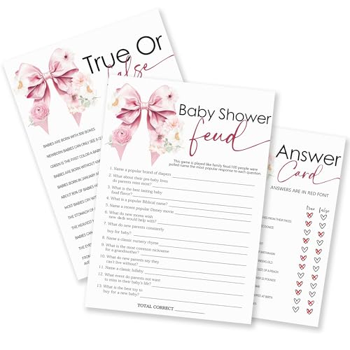 True or False & Baby Shower Feud Theme Baby Shower Game Activities-30 Pink Bow & Floral Double-Sided Game Cards(5’’x7 ’’) & 1 Answer Card(4’’x6’’) For Boys & Girls-Gender Neutral Decor & Supplies-A03 - color: True Or False & Baby Shower Feud