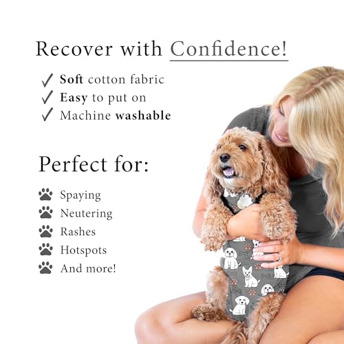 Dog Surgery Recovery Suit, Male Female After Spay Neuter Onesie | Soft Breathable Cotton, Anti-licking Cone Alternative, Protects Stitches & Abdominal Wounds, Patented Clip-up Potty System - color: Silver, size: X-Small