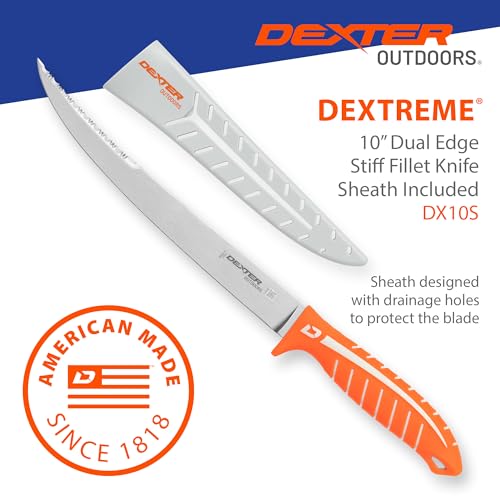 Dexter Outdoors Dextreme Dual Edge 10" Stiff Fillet Knife with Sheath | Stiff dual edge high-carbon stainless blade for large fish and heavy cuts. Protective sheath included for safe transport. - style: 10" Dual Edge Stiff