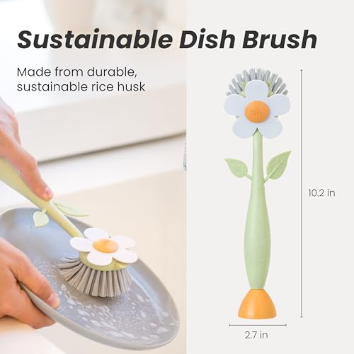 Vigar Florganic Dish Brush with Handle and Built-in Stand, Multicolor | Daisy-Shaped Kitchen Scrub Brush, Dishes and Sink Cleaning, Non-Stick Safe Soft Nylon Bristles, Dishwasher Safe