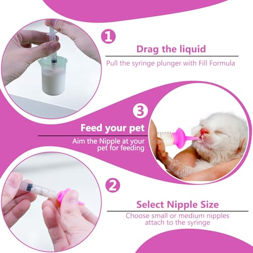 Pet Feeding Nipple with Syringe, Soft Silicone Nursing Pet Feeding Bottle, Ventilation Valve Resistant Tearing for Puppies, Kittens, Rabbit, Small Wildlife (S Nipple,Pink) - color: Pink-S Size