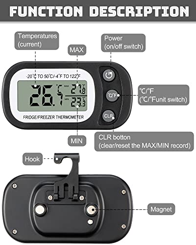 Frienda 4 Pcs Black Digital Fridge Thermometer Waterproof Refrigerator and Freezer Max/min Record Function LCD Screen Refrigerator Thermometer with Hook and Magnetic Back for Home (Button) - color: Black, size: Button