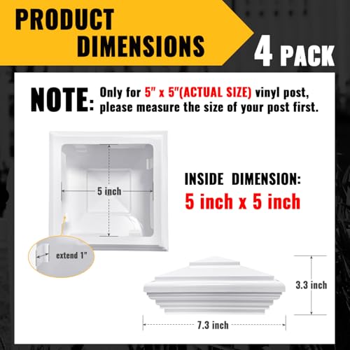 VIVIDA 5" x 5" Vinyl Fence Post Caps, White New England PVC Post Cap, 4 PCS | Actual 5" x 5", New England Pyramid Post Cap, Plastic Square Top Cover, For Vinyl Fences, Mailboxes & Decks - color: White-4 Pack, size: Actual 5" x 5"