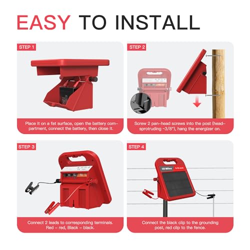 10 Mile Solar Fence Charger 0.18J Electric Fence Energizer with Day Night Mode 24-Hour Protection Red - size: 0.18J-Red