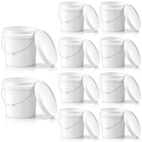 Mumufy 10 Pcs 3.5 Gallon Round Food Grade Bucket with Lid Plastic Buckets Pail with Handle Lid Heavy Duty Buckets for Storing Dry Food Charcoal Camping Fishing(White) - color: White, style: Round