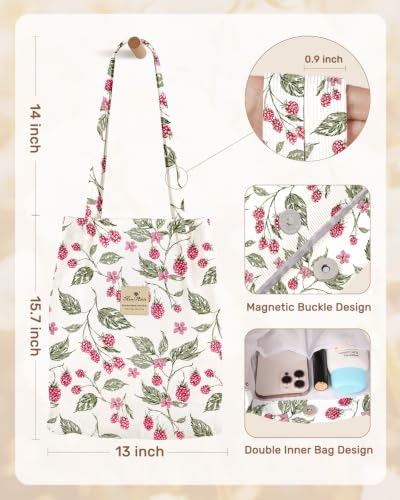 Miss Adola Corduroy Tote Bag for Women with Aesthetic Design | Magnetic Buckle & Pocket, Reusable, Soft, Roomy, Long Shoulder Handles, Double-sided Print, Casual Daily Work, Grocery Bags - color: Berry Botanical, size: Large