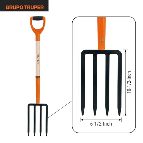 Truper Garden Fork, 4 Tines, 29-Inch Ash Wood Handle with Comfort Grip Y Handle, Forged One-Piece Steel Head (Model BJ-4P / 11018)