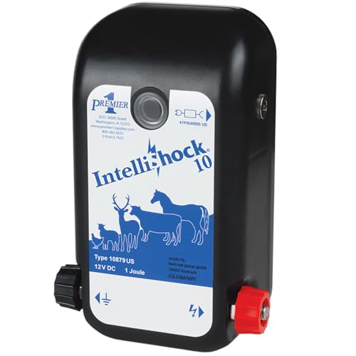 Premier 1 IntelliShock 10 AC/DC Fence Energizer, 1 Joule | Plug-in or 12V DC battery. Auto-reduces draw 67% on clean fences. Includes 12V leads & 110V adapter. Deters deer & predators.
