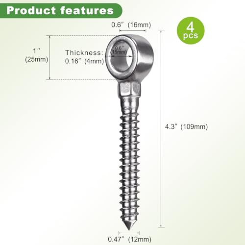 Insaga 304 Stainless Steel Gate Hinges for Wooden Fences, Heavy Duty One-Piece Screw Eye Hinge with 5/8'' Hole Dia, 4-1/2'' Length for Farm Gate Sag Correction (4Pack) - color: M12 Eye Hinge-4Pcs