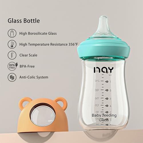 yanyoyo Natural Glass Baby Bottle for Breastfeeding Babies, 8oz Anti-Colic Baby Bottle with Natural Response Nipple(M), Clear, Wide Neck, 2 Pack, 3 Months+ - color: Yellow, size: 8 Ounce (Pack of 2)