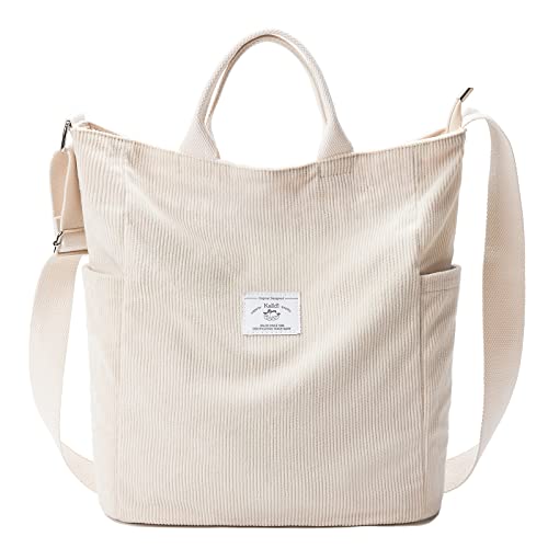 KALIDI Corduroy Tote Bag, Large Slouchy Hobo Messenger Crossbody Bag | Anti Splash Zipper Side Pockets Shoulder Bag Adjustable Strap Lightweight Casual Work Shopping Women - color: Beige