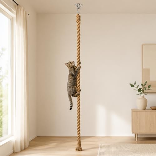 Extra Long 7.9Ft Jute Rope Cat Wall Climber - Heavy Duty Wall Mounted Cat Climbing Pole with Secure Hooks, Indoor/Outdoor Furniture for Active