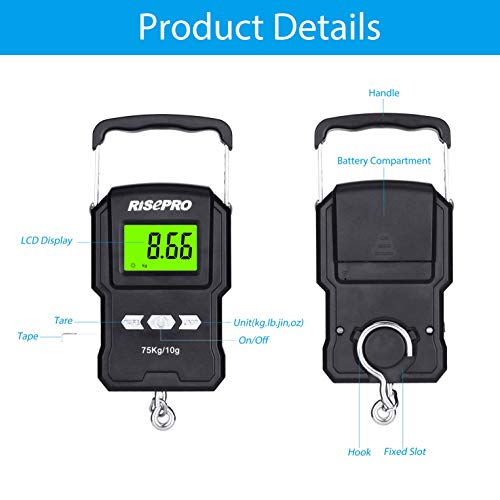 RISEPRO® 75Kg / 165Lb Digital Fish Scale with 39 Inch Ruler Electronic Luggage Balance Fishing Postal Hanging Hook Scale WHA08