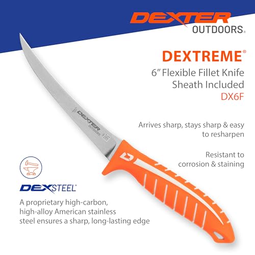 Dexter Outdoors Dextreme Single Edge 6" Flexible Fillet Knife, Sheath | Flexible single edge stainless blade sized for fish and detail work. Protective sheath included for boat and tackle bag. - style: 6" Single Edge Flex
