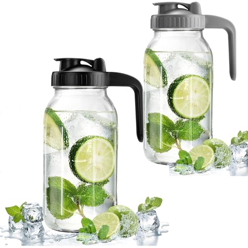 2 Pack Mason Jar with Pour Spout Lid V-shaped, 64 oz Sun Tea Jar Double Leak Proof, 2 Quart Drink Pitcher for Breastmilk, Sun Tea, Juice, Coffee Creamer, Iced Tea Pitcher - color: Gray+Black, size: 64 Ounces
