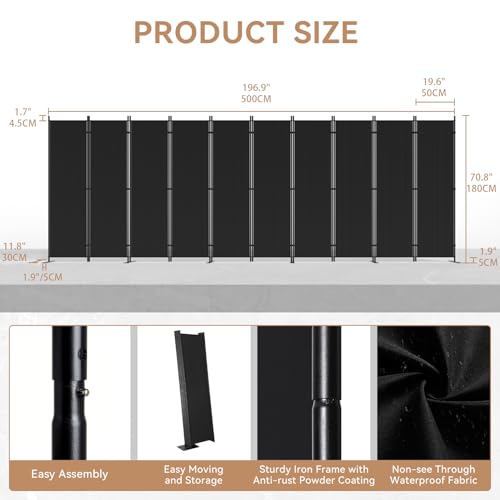 C-Hopetree 10 Panels Room Divider, 6 Ft Tall Indoor Folding Privacy Screen, Portable Partition Separator, Freestanding Separation Temporary Wall for Office, Bedroom, 197" W X 71" H, Black - size: 10-Panel