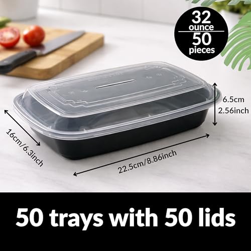 32oz Meal Prep Containers with Lids - 50 Pack BPA Free To Go Food Containers, Stackable & Leak Resistant Bento Box, Microwave/Dishwasher/Freezer Safe - size: 32 Ounce